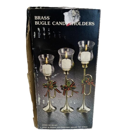 Vintage Brass Bugle Horn Candle Holders Set of 3 Christmas Holiday 7, 8, 9" NEW - Picture 1 of 4